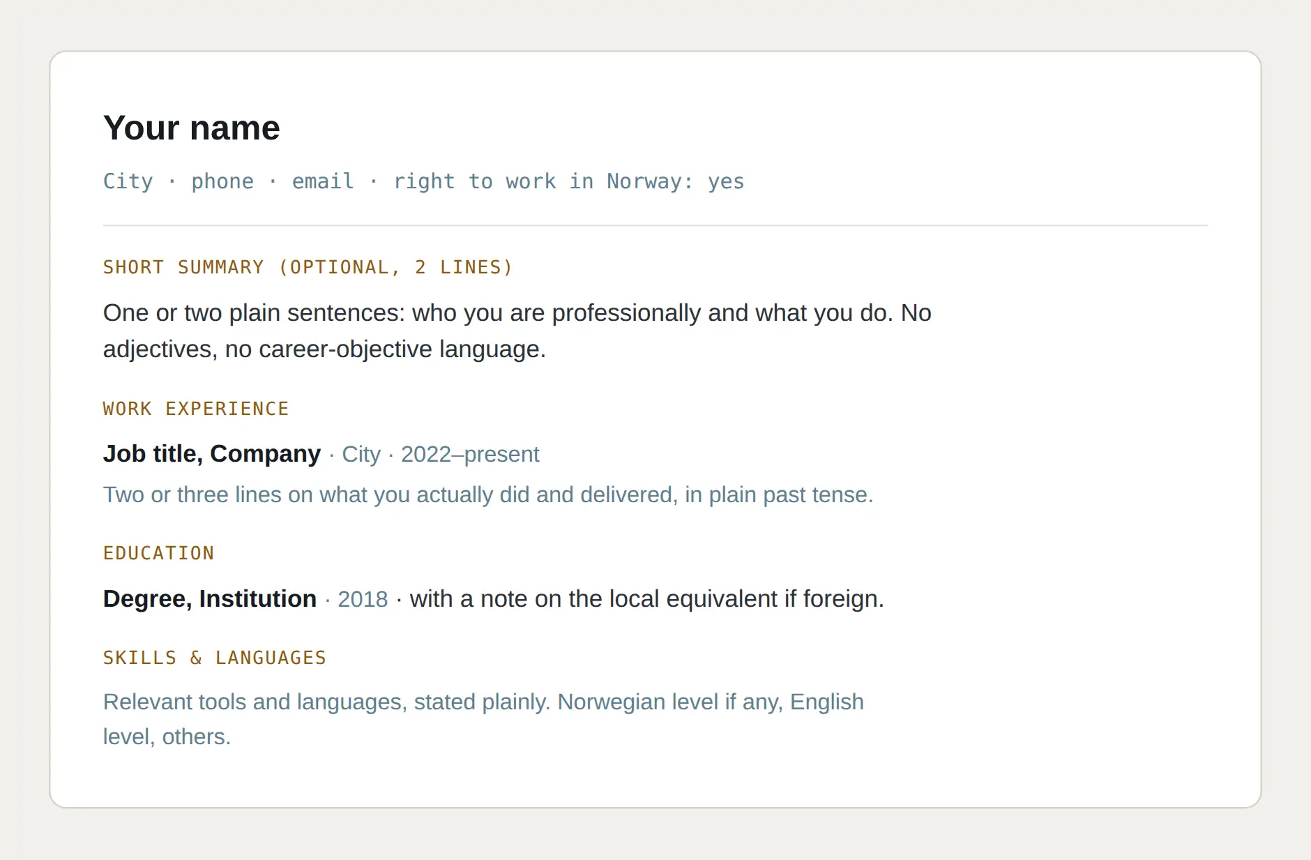 A model Norwegian CV showing the expected order: name and contact, short summary, work experience, education, and skills and languages.